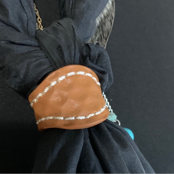 None Accessories - WESTERN Brown Stamped Faux Leather Scarf Ring with White Stitching Accessory